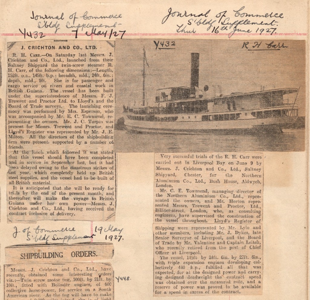 Newspaper clippings of the Launching of the ship R.H. Carr, Saltney, Flintshire, UK, 1927